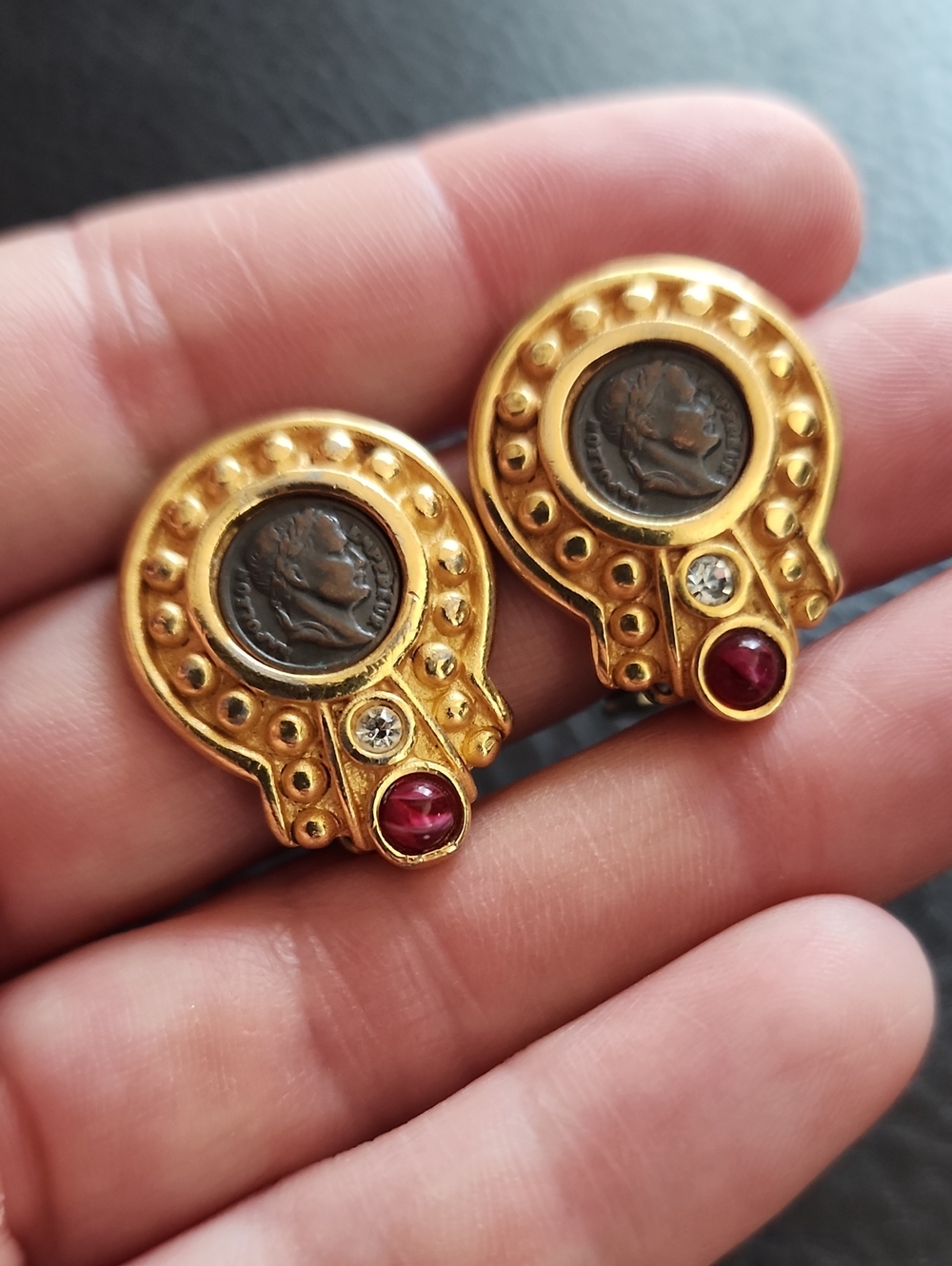 Gold-Tone Coin Accent Clip-On Earrings with Ruby and Crystal Accents